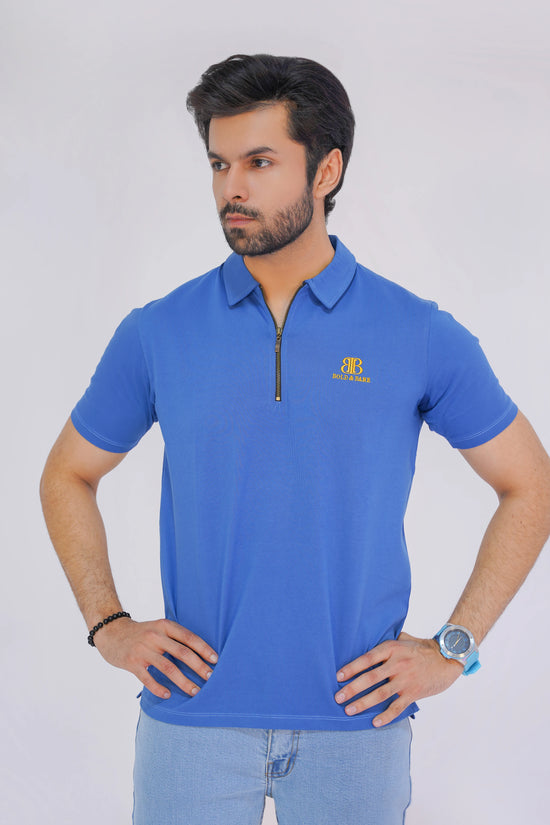 Azure Blue Premium Men’s Zip Polo