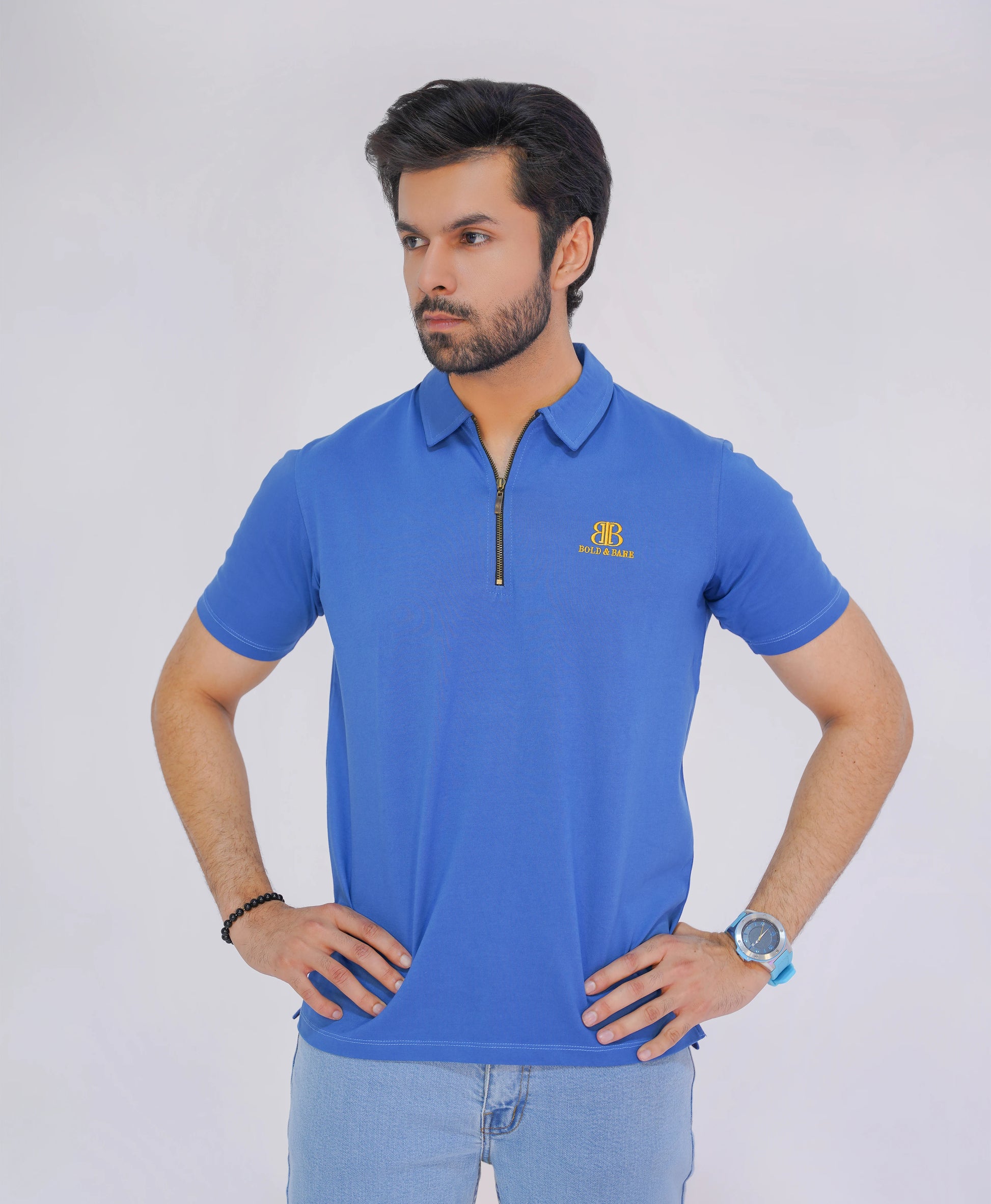 Azure Blue Premium Men’s Zip Polo