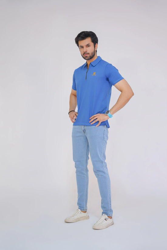 Azure Blue Premium Men’s Zip Polo