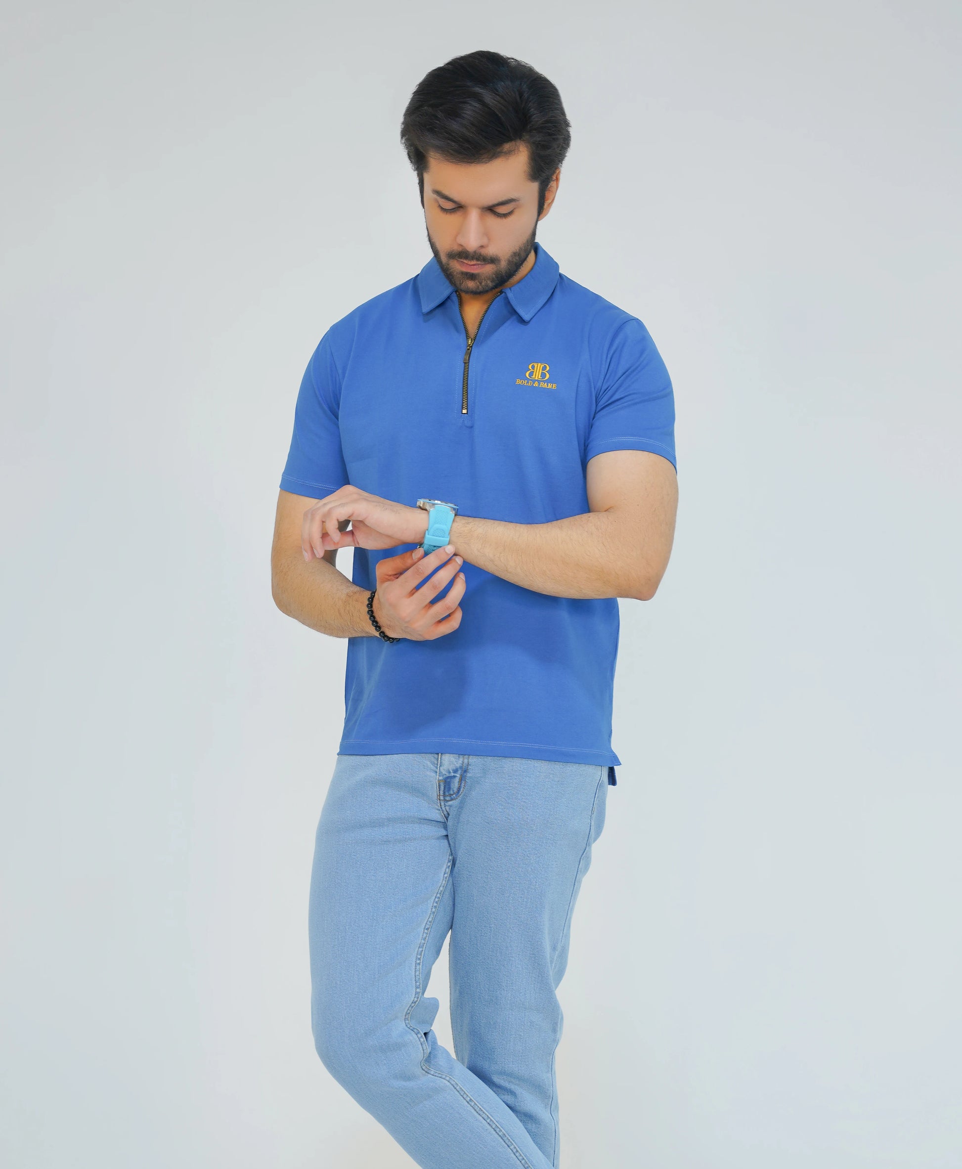 Azure Blue Premium Men’s Zip Polo