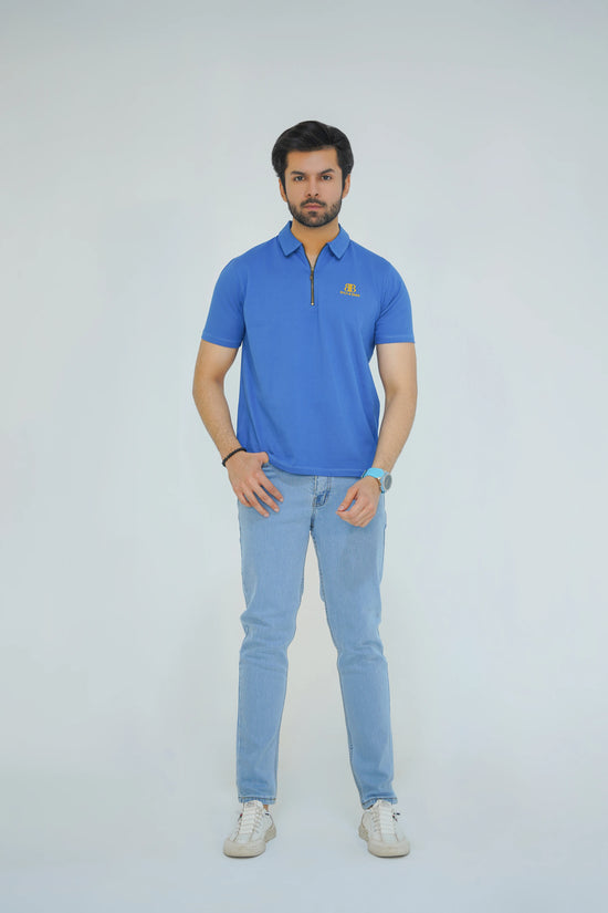 Azure Blue Premium Men’s Zip Polo