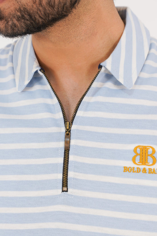 Ice Blue Striped Golf Zip Polo – Limited Edition