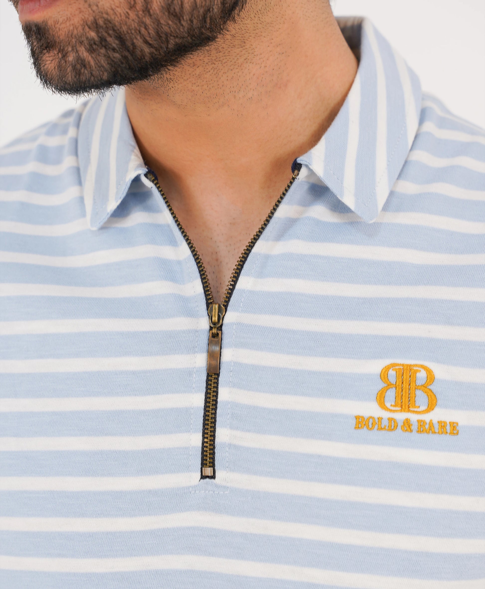 Ice Blue Striped Golf Zip Polo – Limited Edition