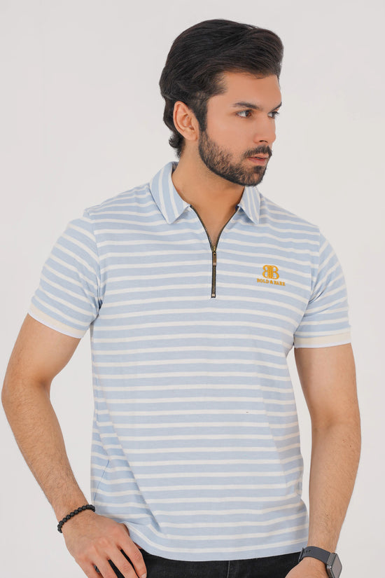 Ice Blue Striped Golf Zip Polo – Limited Edition