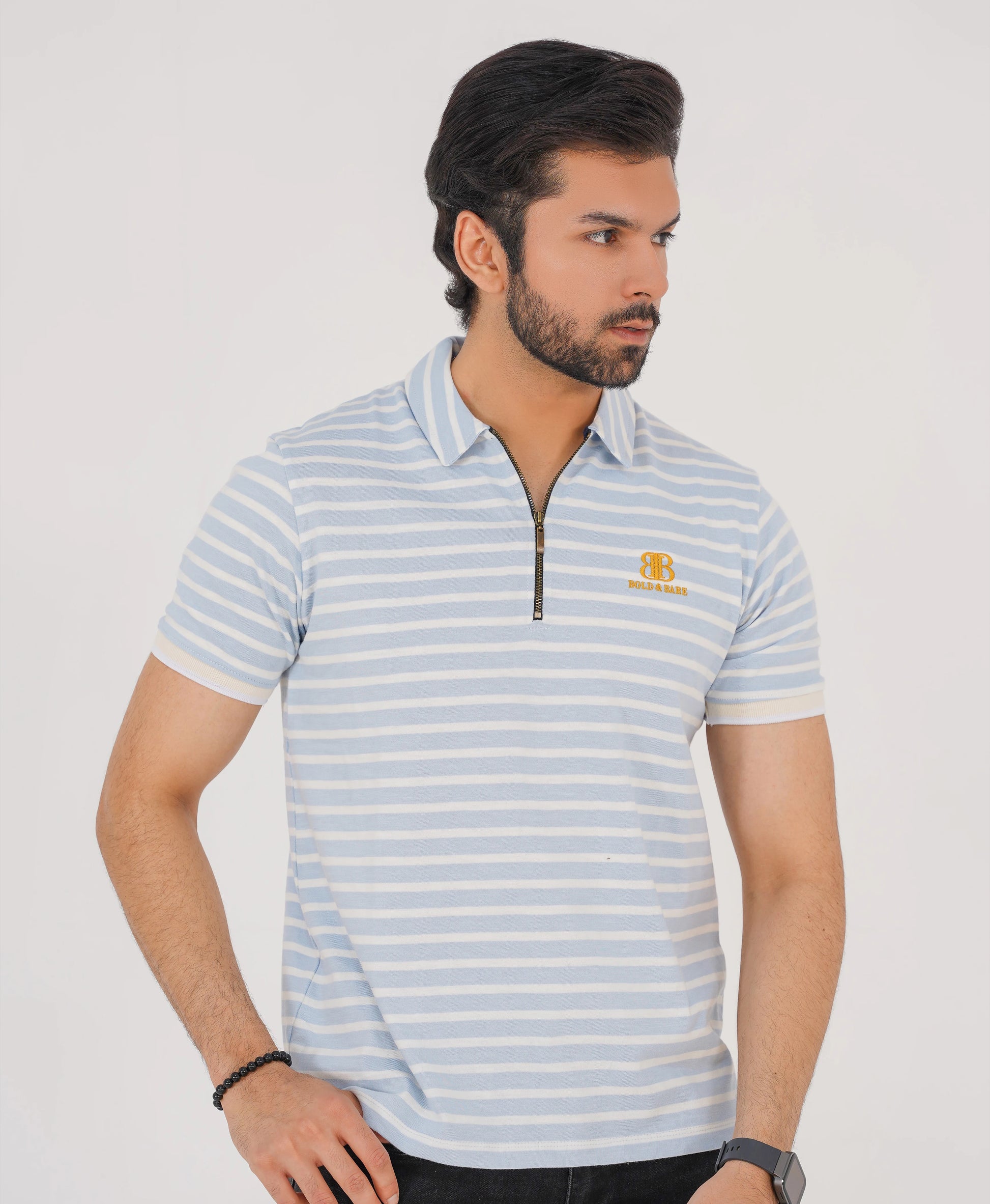 Ice Blue Striped Golf Zip Polo – Limited Edition