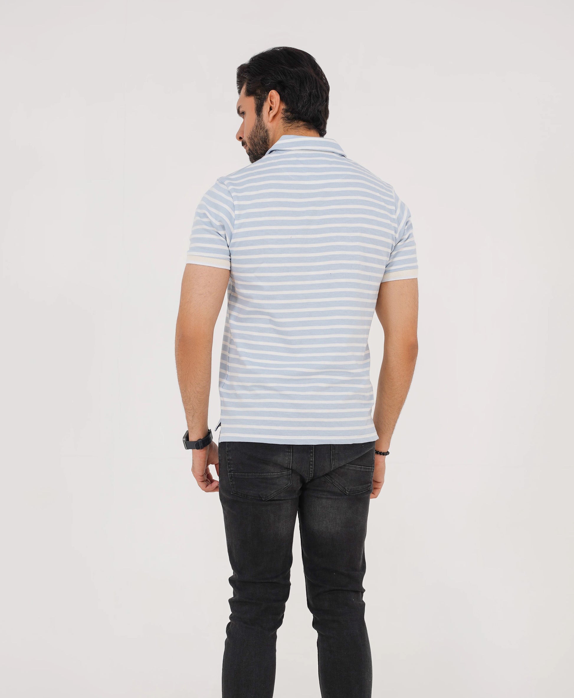 Ice Blue Striped Golf Zip Polo – Limited Edition