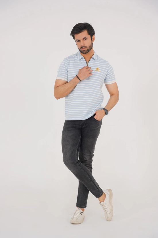 Ice Blue Striped Golf Zip Polo – Limited Edition
