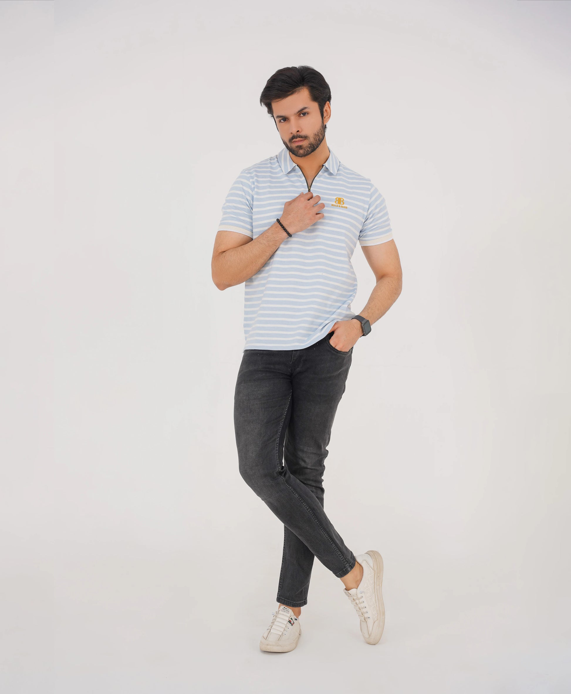 Ice Blue Striped Golf Zip Polo – Limited Edition