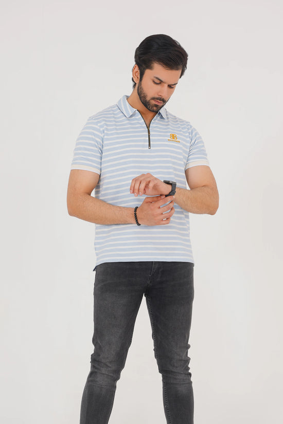 Ice Blue Striped Golf Zip Polo – Limited Edition
