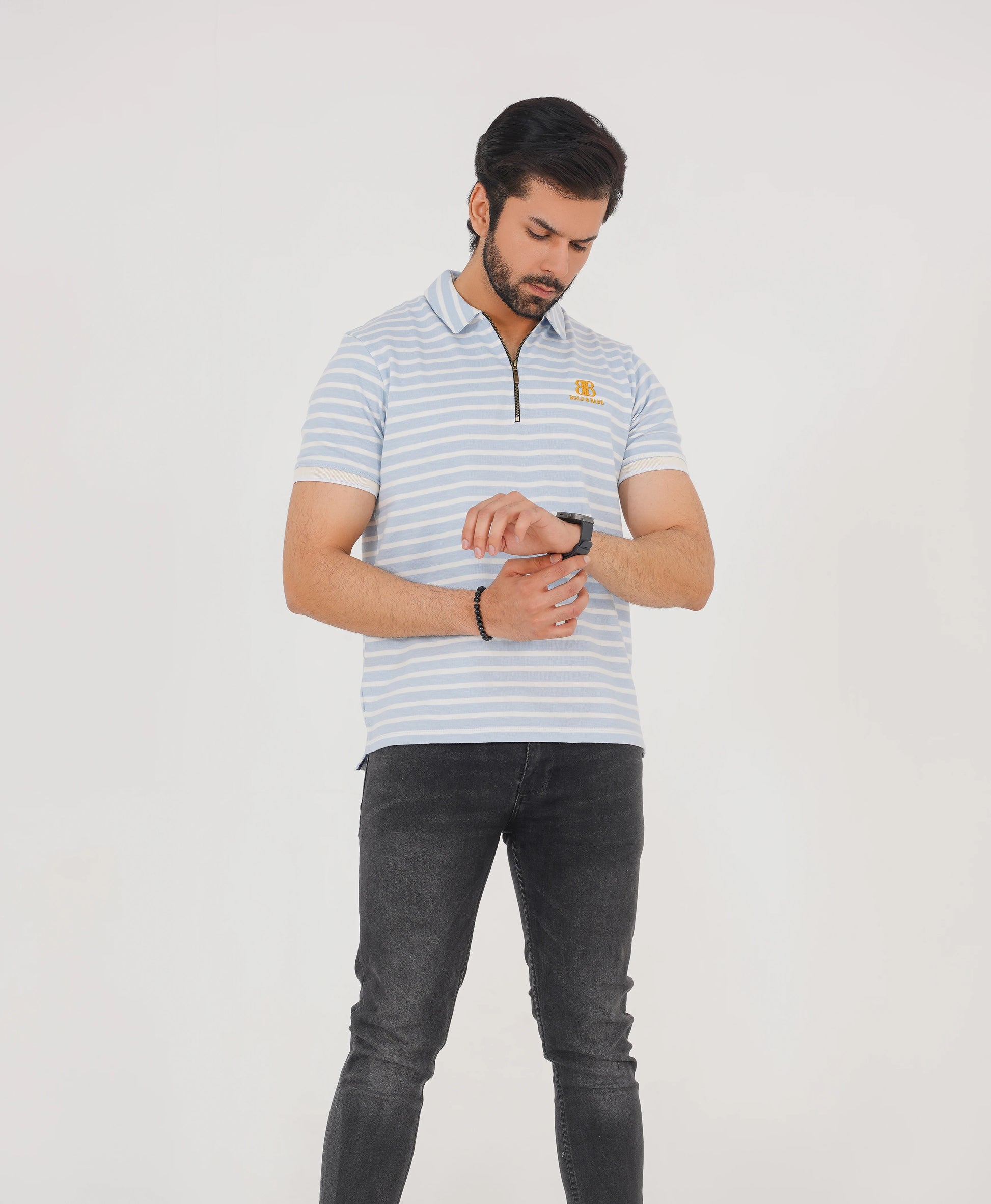 Ice Blue Striped Golf Zip Polo – Limited Edition