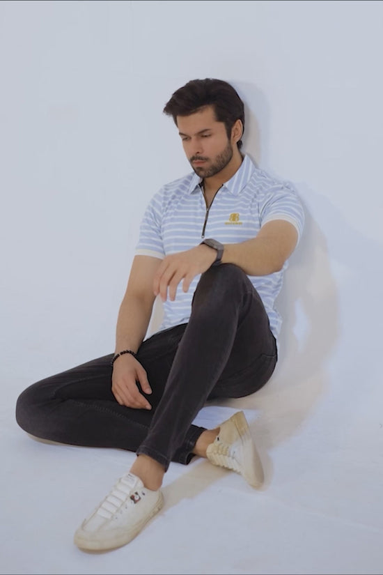 Ice Blue Striped Golf Zip Polo – Limited Edition